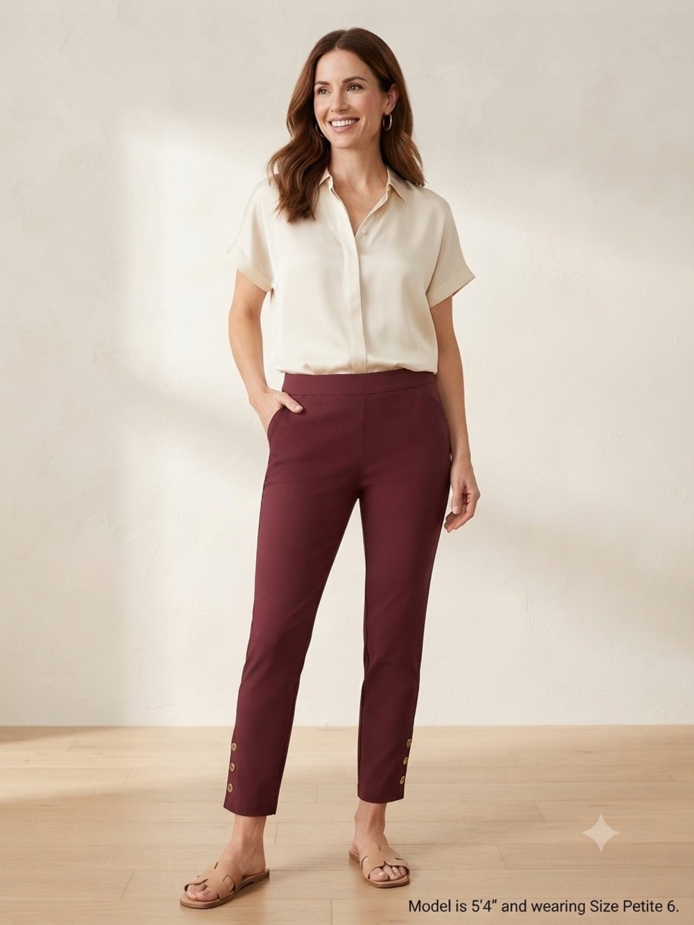 Roz & Ali Burgundy Button-Accented Ankle Pants Petite Size 6 Stretch Dress Pants